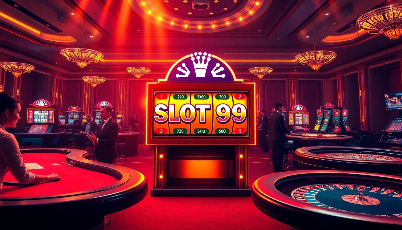 SLOT99 slot machine with winning paylines in a luxurious casino setting, vibrant colors, and exciting ambiance.