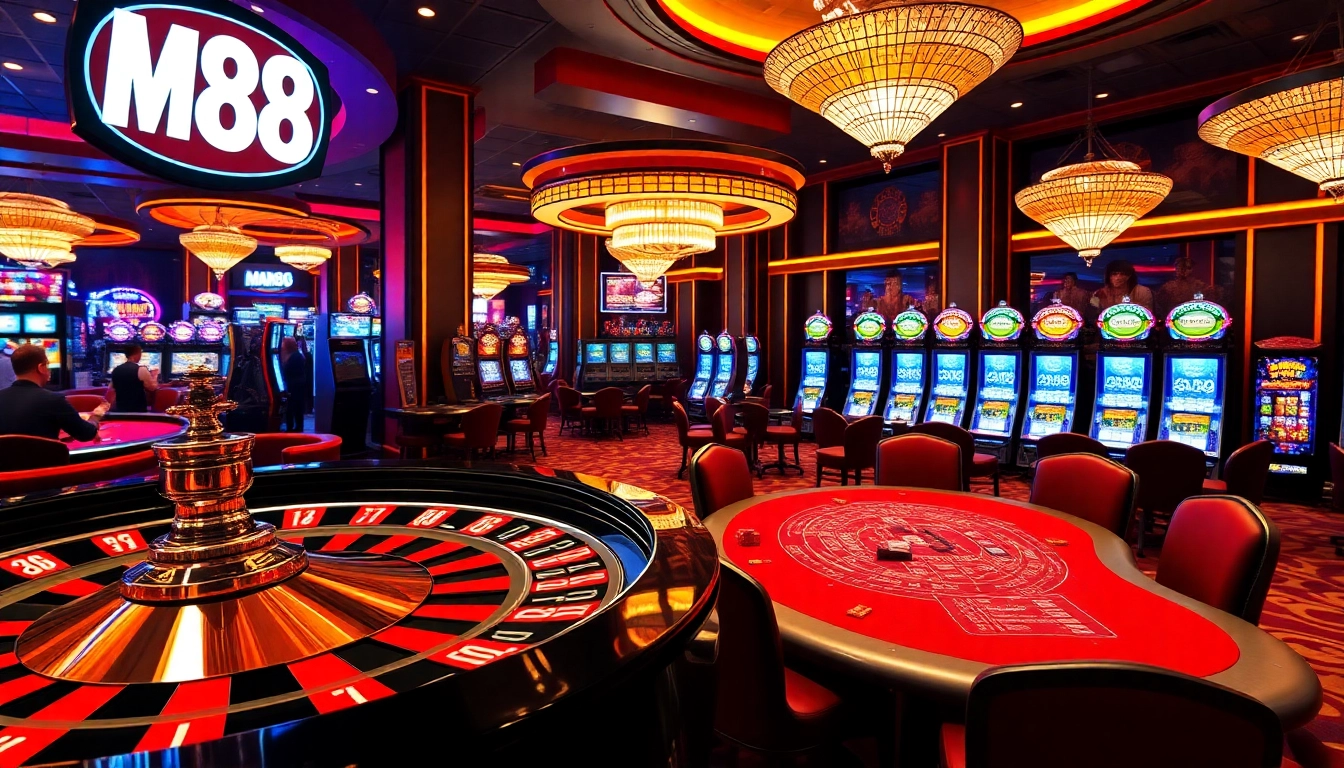Man88 gaming area featuring an elegant roulette table and vibrant slot machines.