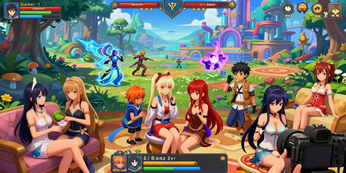 Characters from popular hentai games interact in a vibrant, colorful digital landscape, depicting romance and adventure.