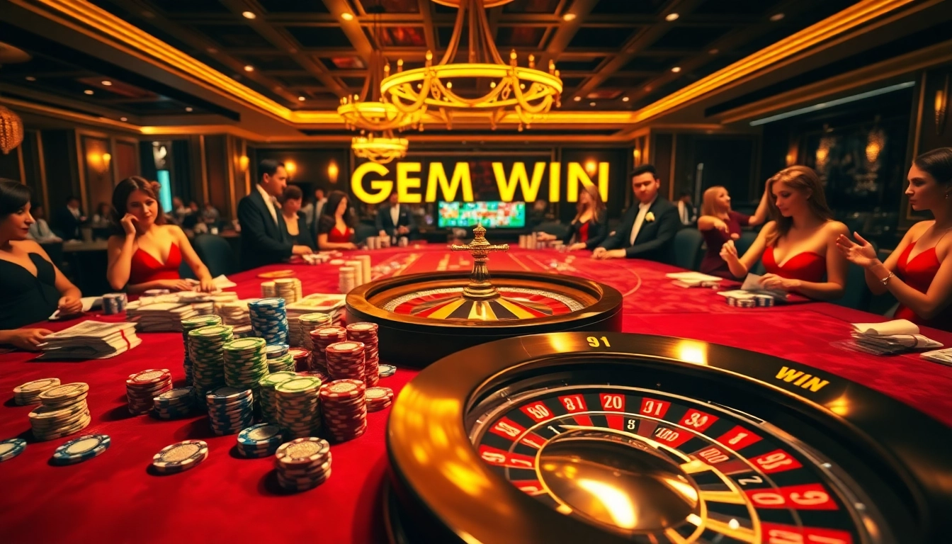 Experience the thrill of GEM WIN at an opulent casino table teeming with vibrant poker chips and cash.