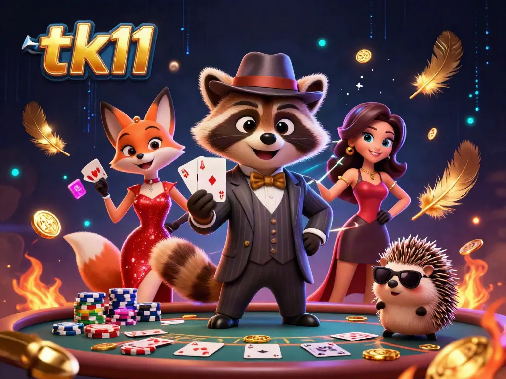 Engage with an energetic poker scene featuring tk11 characters and dynamic casino elements.