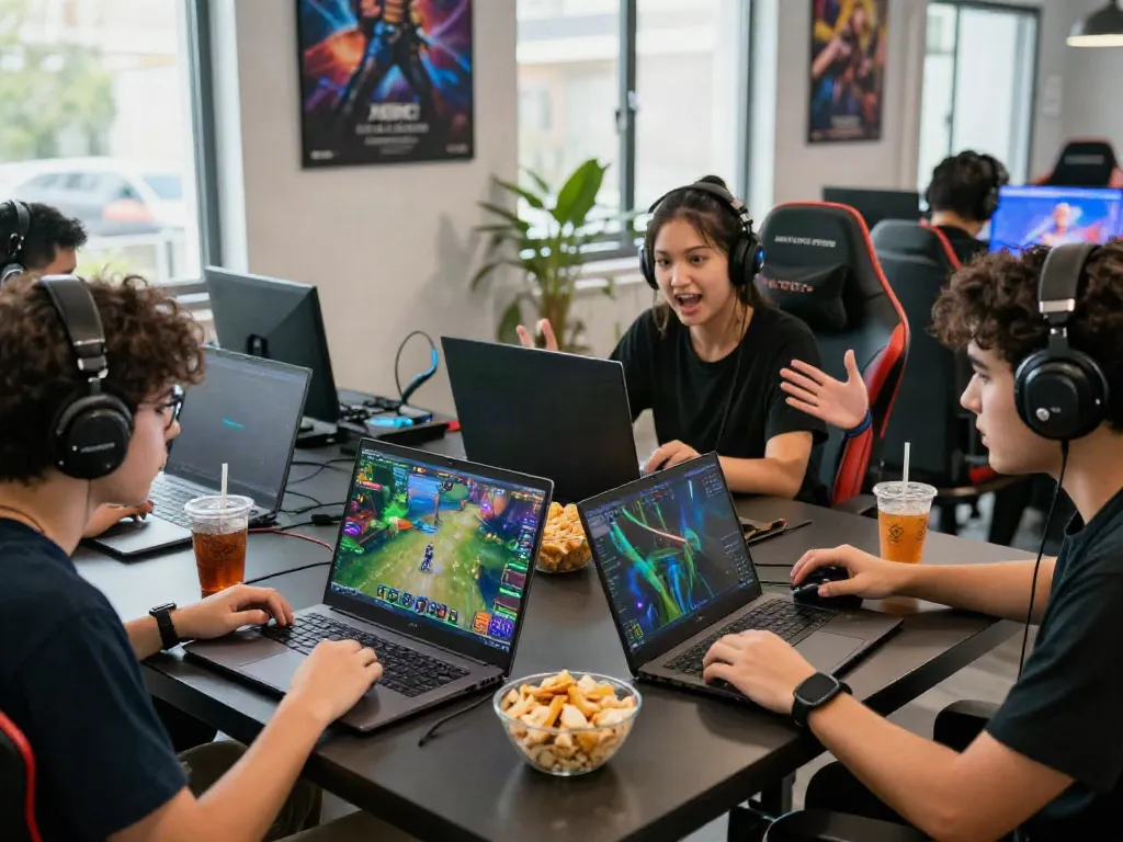 A80 gaming players engaged in a dynamic online gaming session in a modern setting.