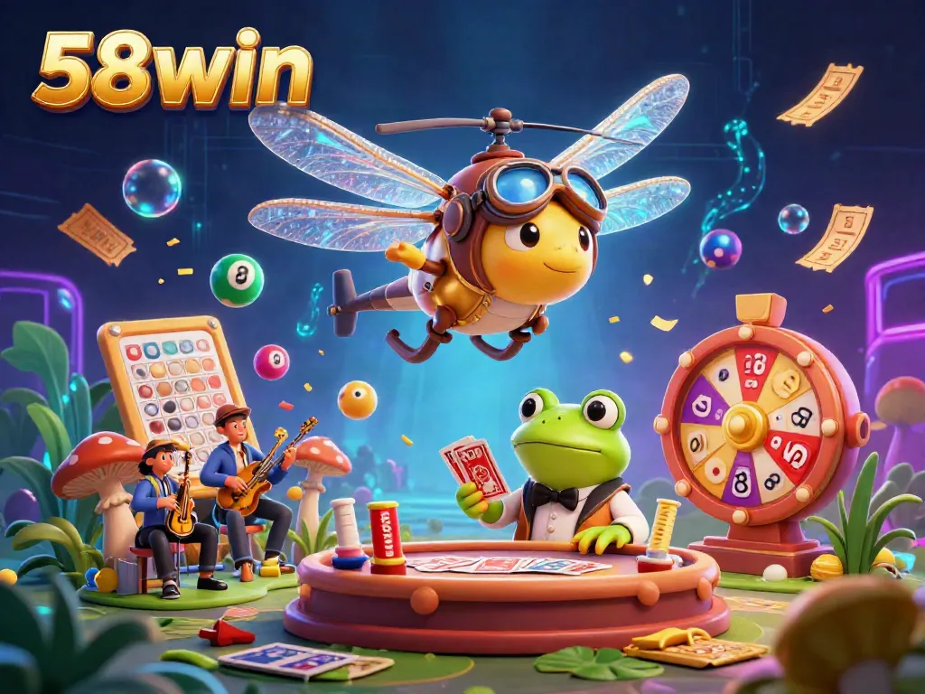 Experience the thrilling casino atmosphere at 58win with a vibrant illustration of dragonfly pilot and frog dealer.