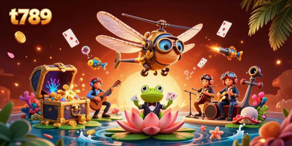 Experience thrilling gaming with t789 at a lively lily pad casino, featuring vibrant characters and dazzling elements.