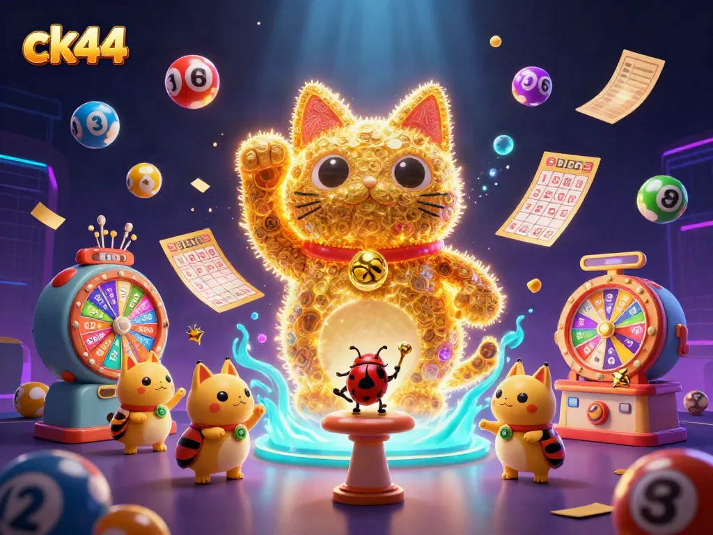 Join the vibrant gaming experience at ck44 with a lucky cat and colorful lottery elements.