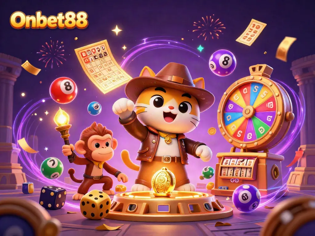 Join the adventure in Onbet88 with a daring explorer cat and treasure-seeking monkey amidst colorful casino elements.