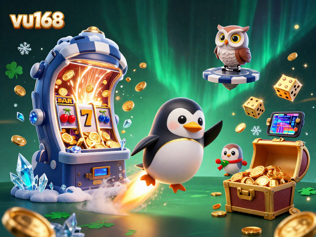 Experience exciting gameplay and winning opportunities with vu168, illustrated by a golden penguin and vibrant casino elements.