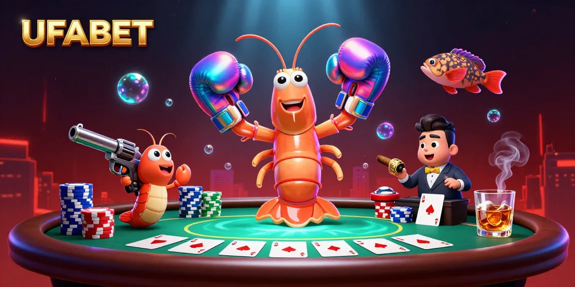 Experience the thrill of UFABET with colorful poker elements and energetic marine characters in a vibrant casino scene.