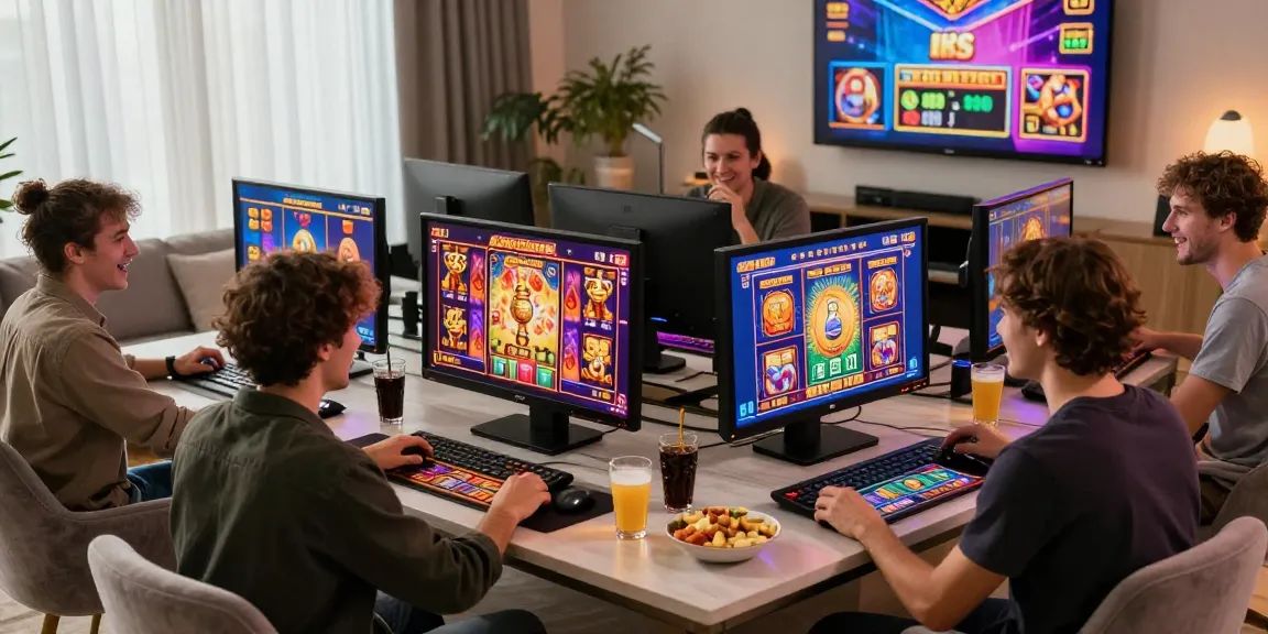 Engaging friends enjoying bonus buy slots uk in a lively home setting with modern gaming decor.