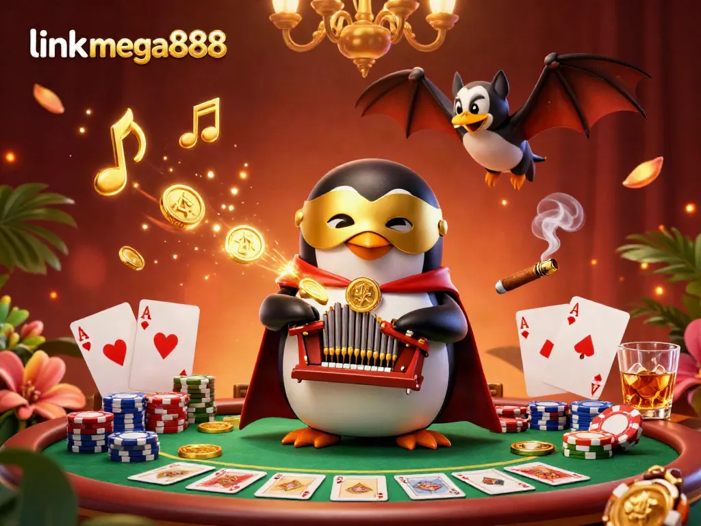 Experience fortune with link mega888 as a phantom penguin plays an organ of golden coins in this vibrant casino scene.