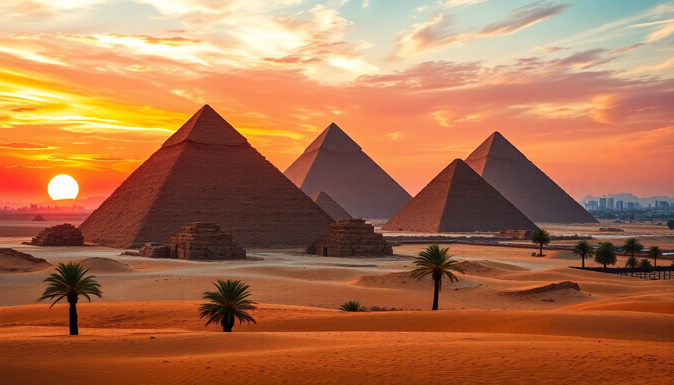 Experience the magnificence of the pyramids through https://piraminds.com/ with an aerial sunset view.