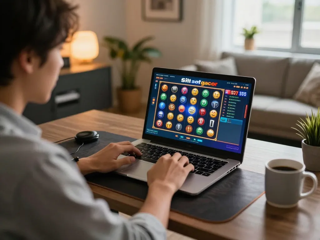 situs slot gacor gameplay on laptop with a relaxed home setup and strategic focus