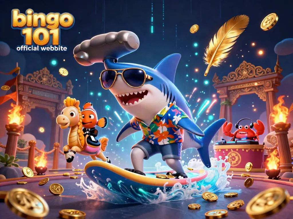 Engage with the vibrant bingo 101 official website featuring a cartoon shark surfing gold coins amidst lively gambling elements.