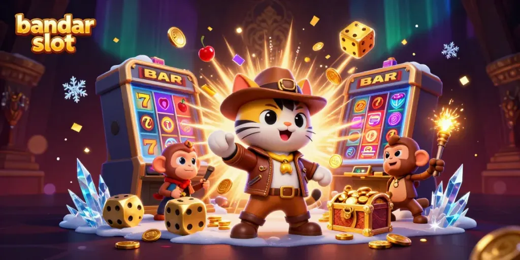 Permainan slot di bandar slot dengan penjelajah kucing dan monyet, penuh koin emas.
