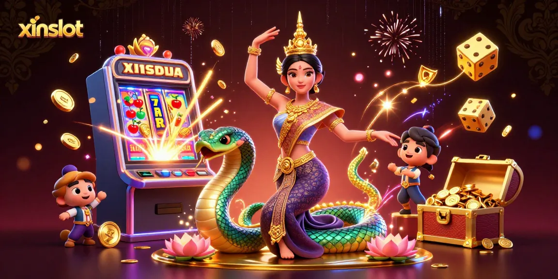 XINSLOT showcases an immersive scene with a Thai dancer, Naga serpent, and vibrant casino game elements.