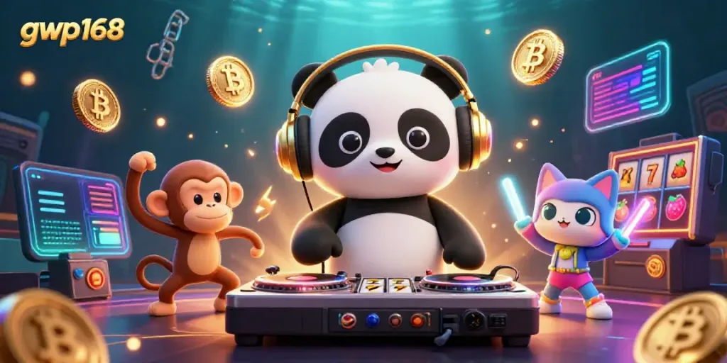 Gambar karakter gwp168 dengan panda DJ dan elemen slot yang menarik.