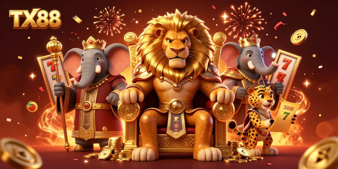 TX88 casino game featuring a fierce lion king, showcasing slot reels and celebratory elements.