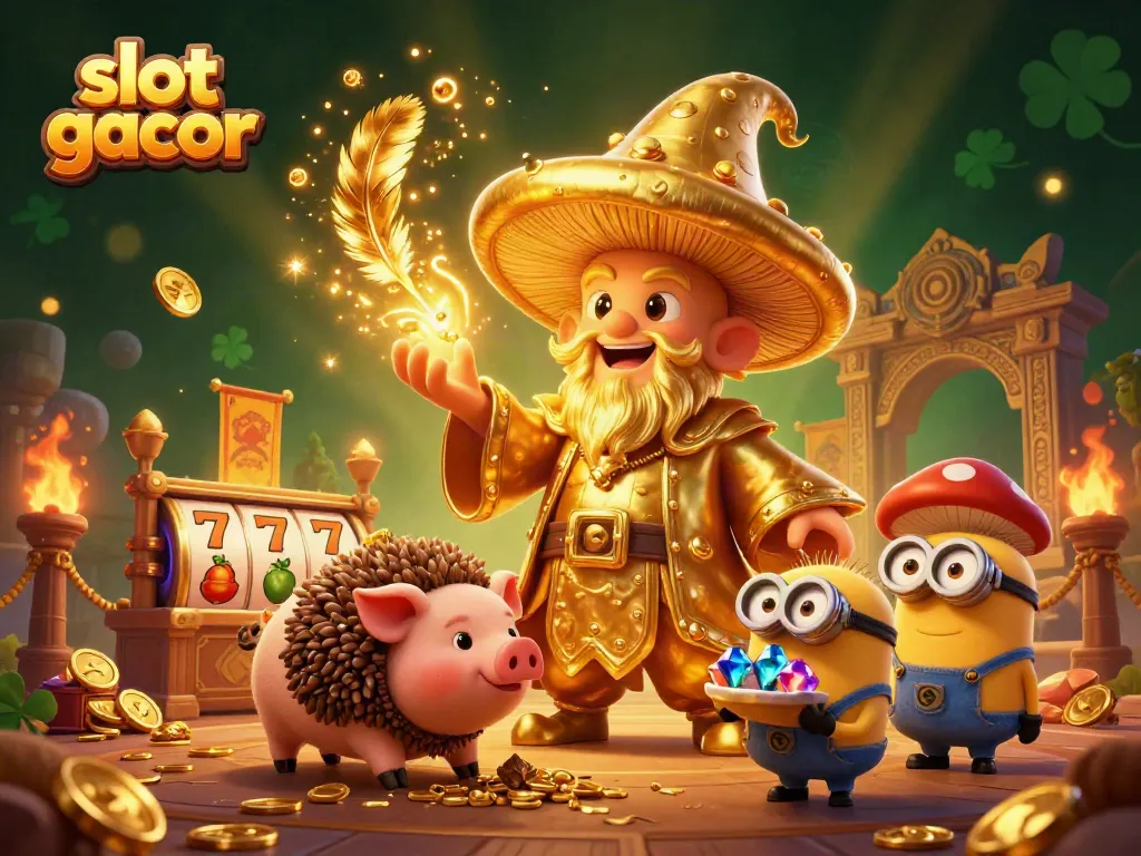 Engage with slot gacor gameplay in a magical 3D scene showcasing a wizard and treasures.