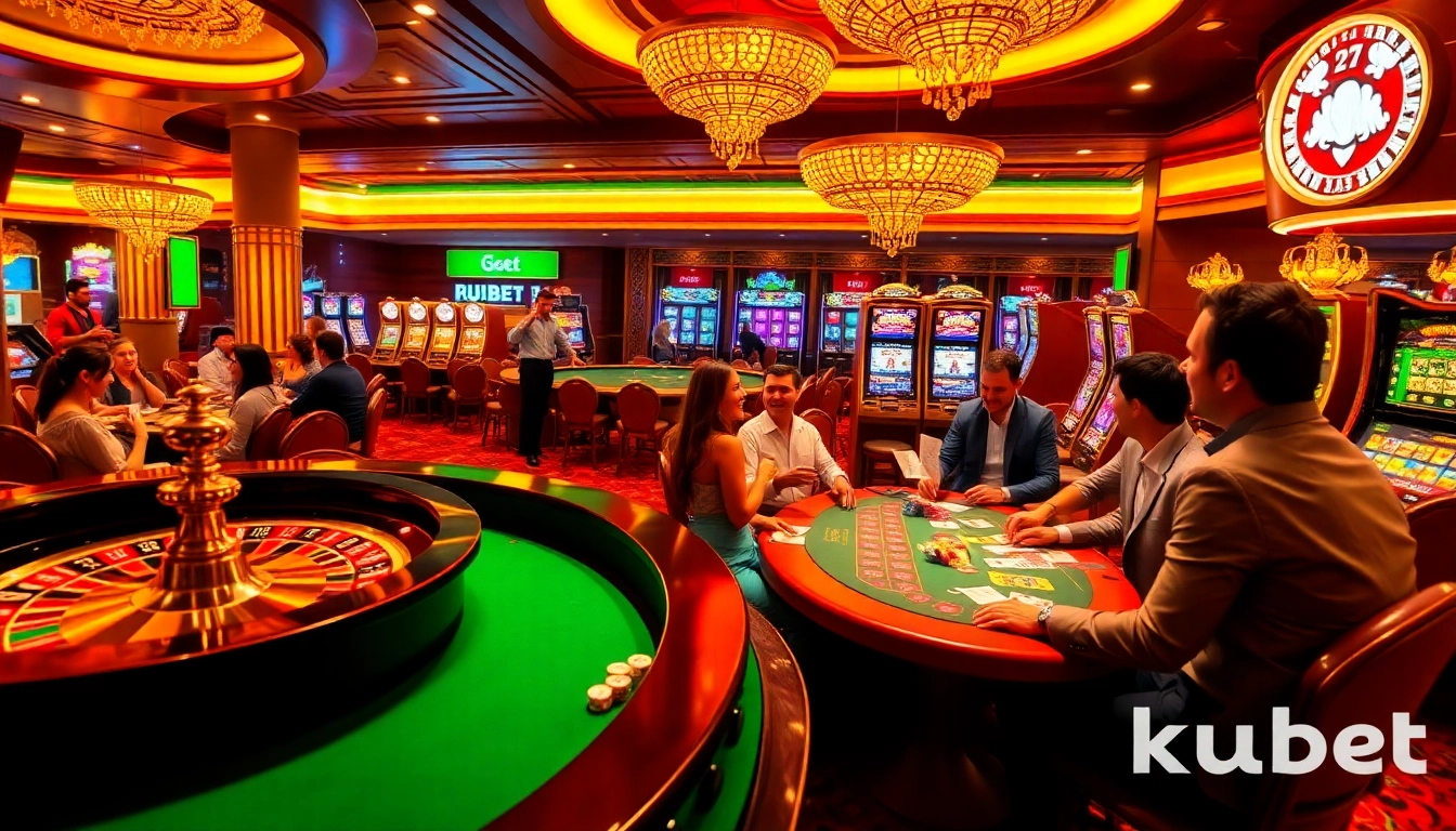 Kubet players enjoying an exciting casino atmosphere with roulette, poker, and slot machines.