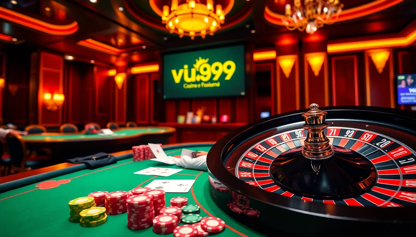 Experience the thrill of gambling at vua99 with an engaging casino scene featuring vibrant poker action.