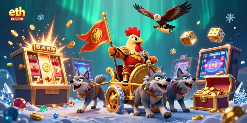 Experience the thrill of an eth casino with a dynamic warrior scene featuring a cartoon rooster and gold symbols.