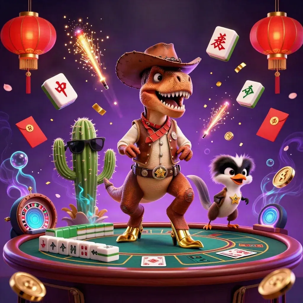 Cowboy T-Rex, cactus sidekick, and roadrunner amid glowing casino magic and gold light.