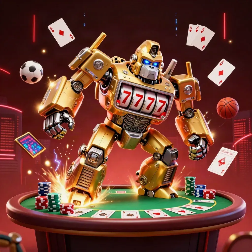 Golden gorilla mech with monkey pilot amid casino chips, cards, and sports gear in red-black neon light.