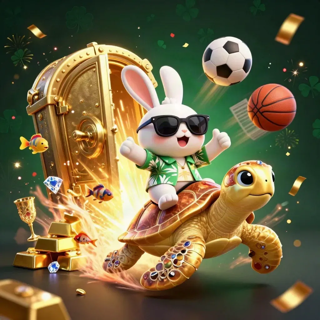 Rabbit on golden turtle amid vault blast, flying balls, gems, confetti, and fireworks.