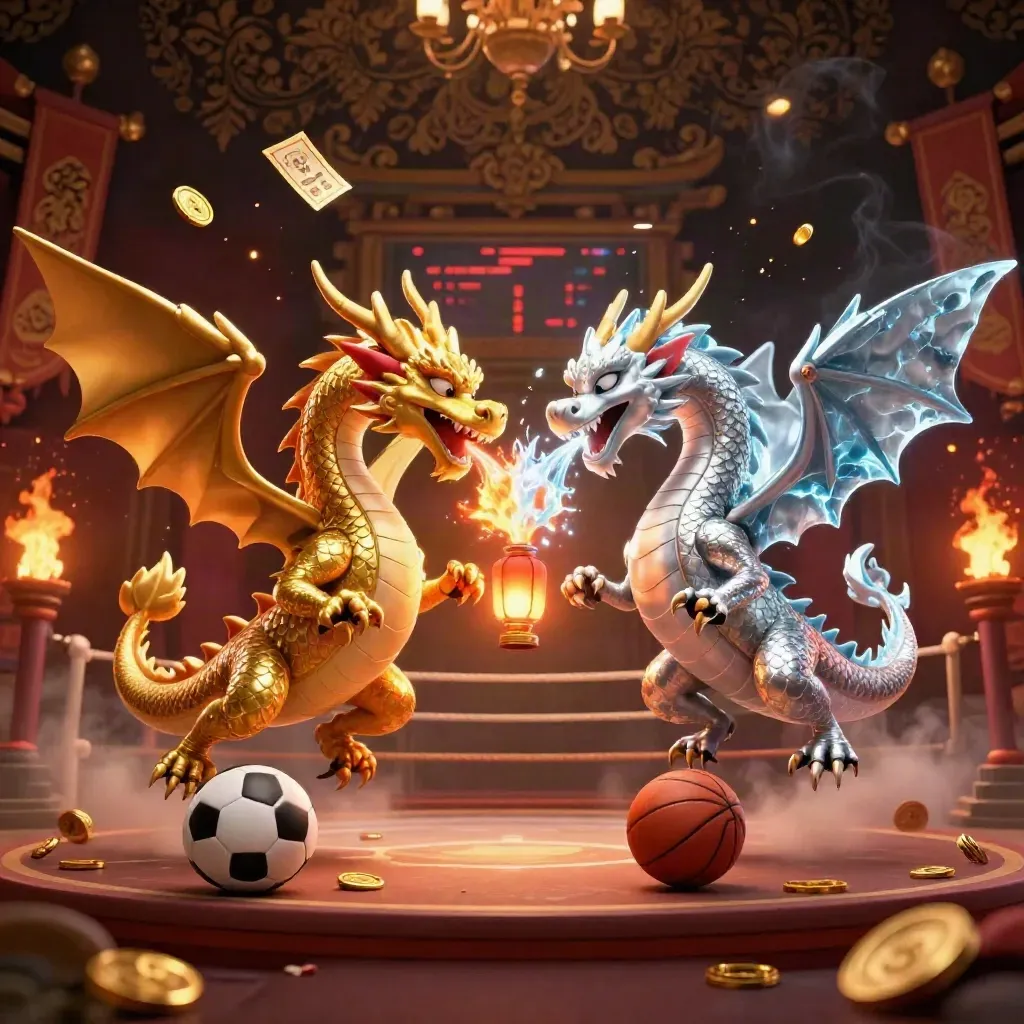 Gold and silver dragons clash above a torch-lit ring with balls, coins and embers