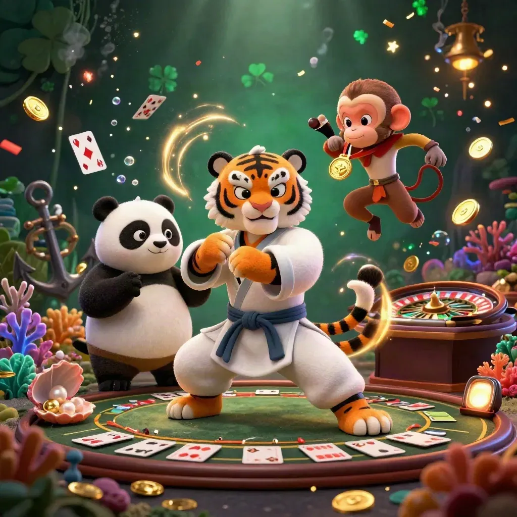 Kung-fu tiger, panda, and monkey amid casino treasure cove, golden light, confetti, and chandeliers.