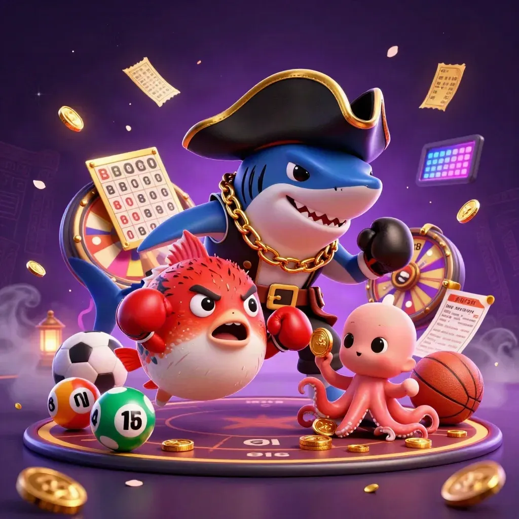 Pirate shark, pufferfish and octopus amid casino balls, wheels, and glowing purple haze