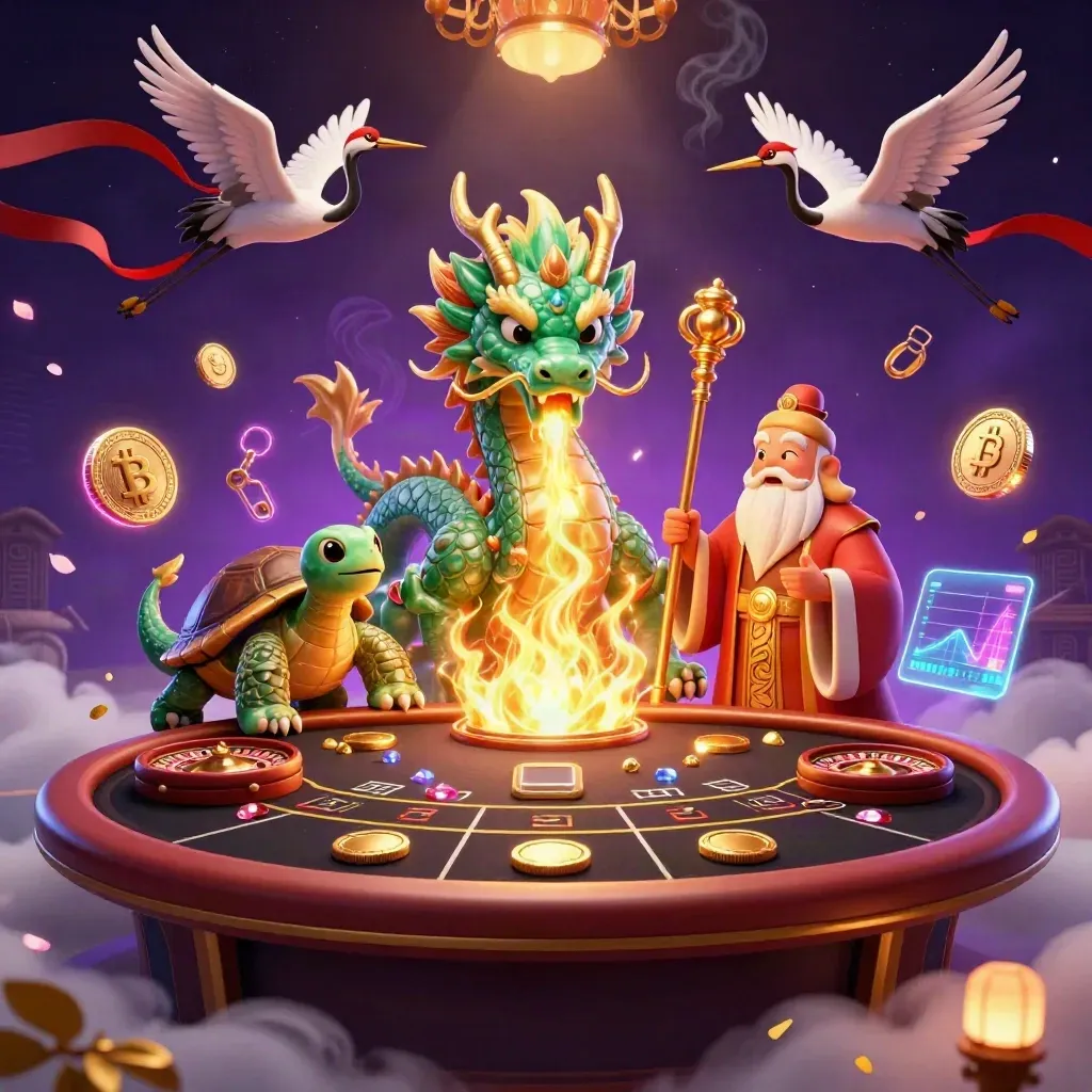 Emerald dragon, turtle sage, and cranes amid casino magic, crypto coins, and a glowing roulette wheel.
