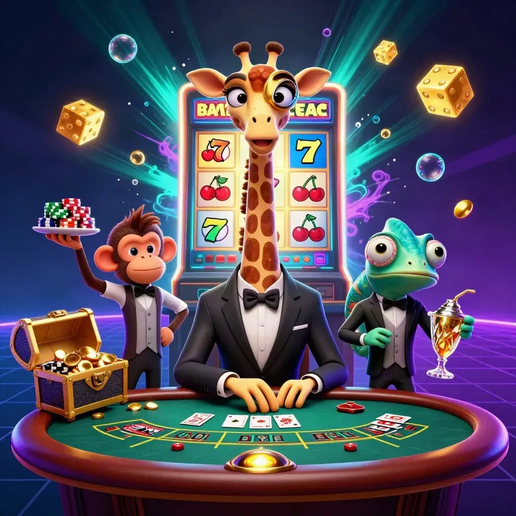 Giraffe VIP trio amid exploding jackpot icons in a neon-lit casino scene.