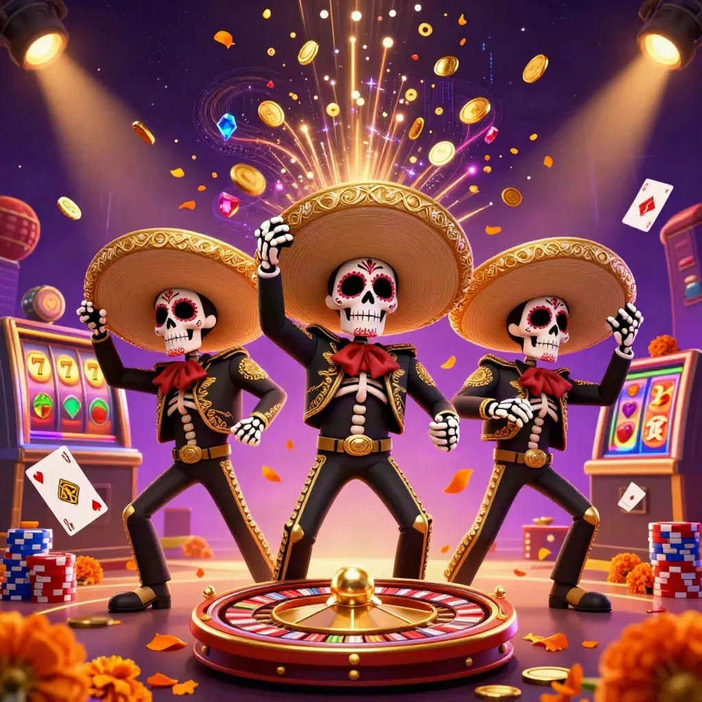 Three sugar-skull mariachi skeletons amid gold coins, gems, chips, and neon casino energy.