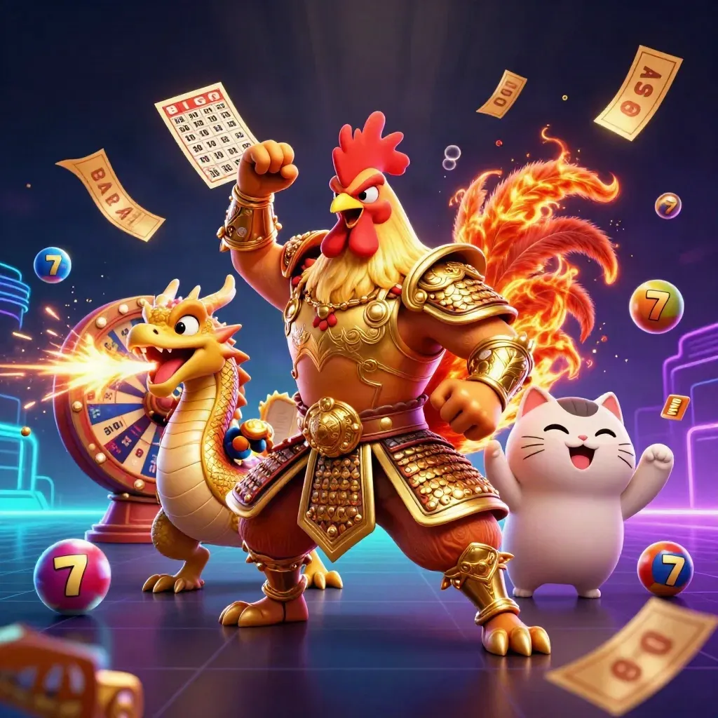 Rooster warrior, dragon hatchling, and fortune-cat amid casino tokens and neon light.