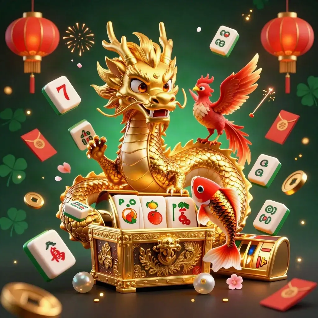 Golden dragon with phoenix and koi bursting from a treasure chest, casino fantasy art
