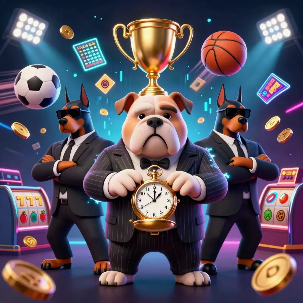 Bulldog mob boss with two Dobermans, casino balls, coins, trophy, neon beams, reels and gem effects.
