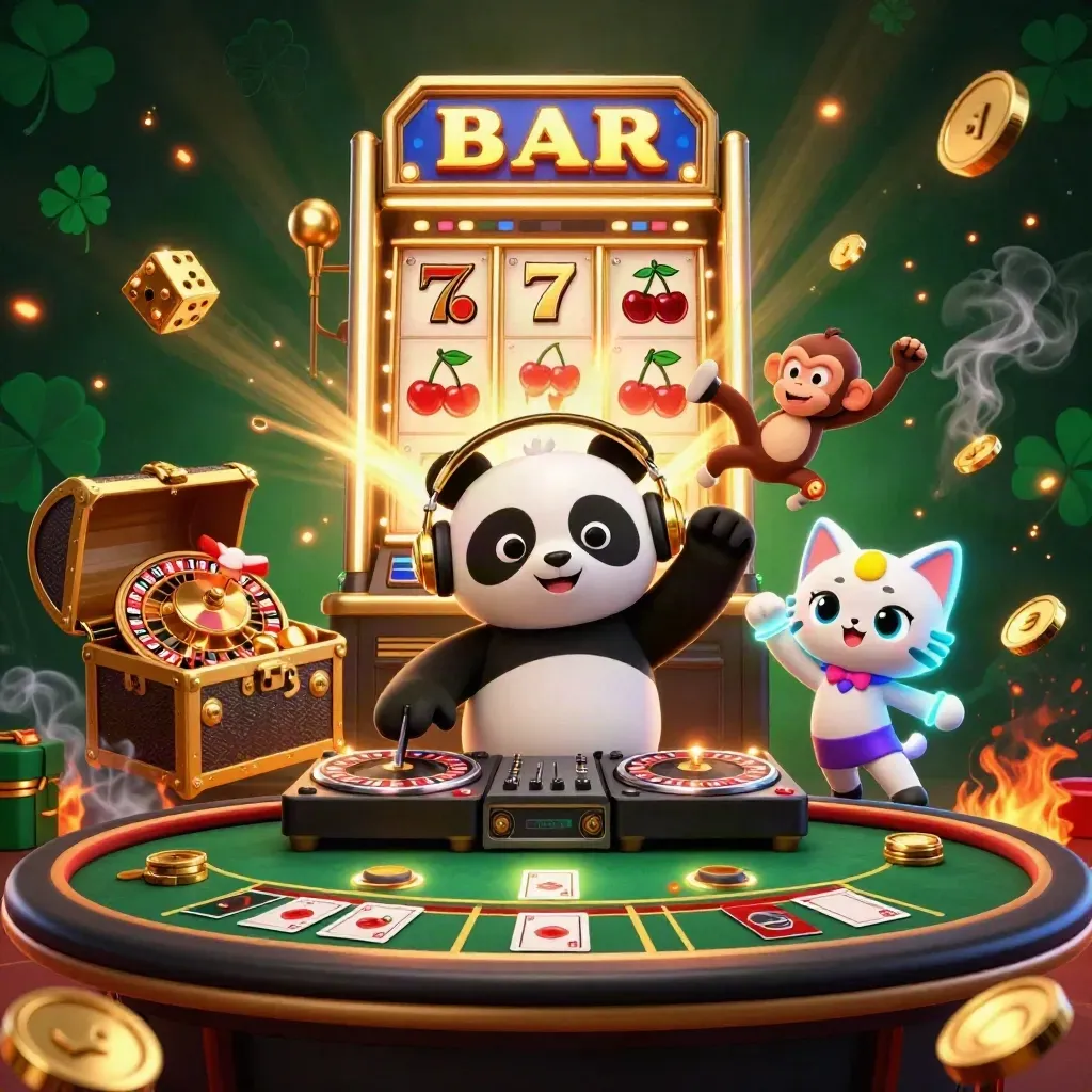 DJ panda, breakdancing monkey, and glow-stick kitten amid casino jackpots and gold coins