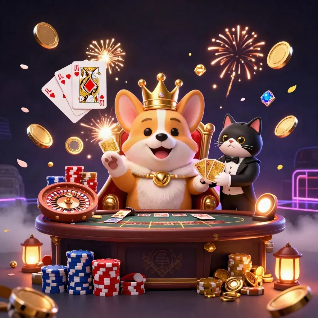Royal corgi and cat butler amid spinning cards, coins, chips, and fireworks in a luxe casino burst.
