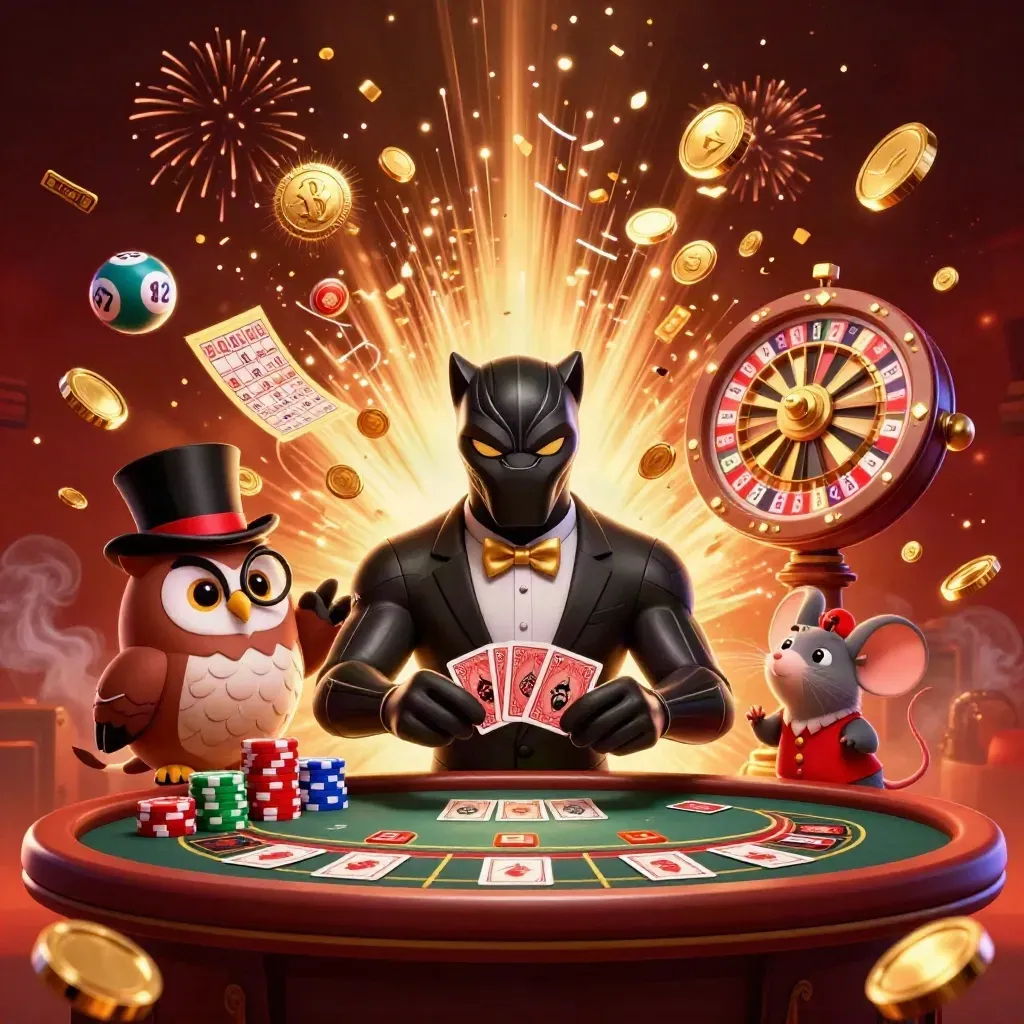 Panther, owl, and mouse burst from a coin vault with cards, chips, wheels, and fireworks.