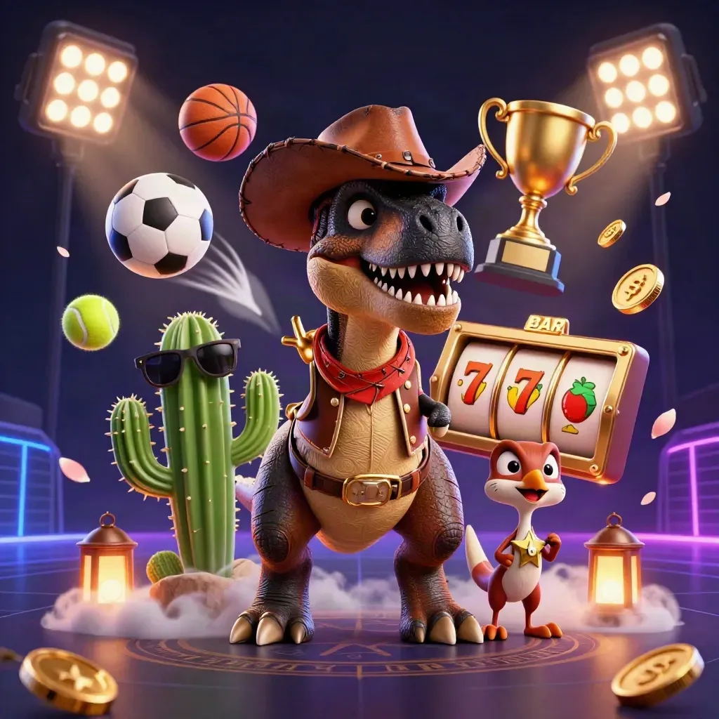Cowboy T-Rex, cactus sidekick, and roadrunner amid casino props and glowing sports balls.
