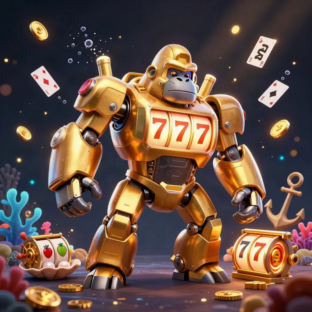 Golden gorilla mech with slot reels, tiny monkey pilot, treasure cove effects, premium casino splash art
