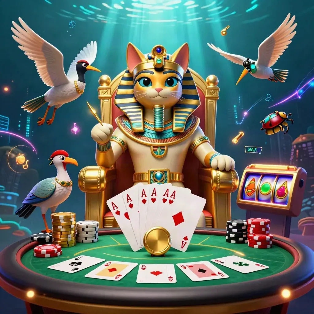 Pharaoh cat on gold throne with ibis, scarabs, chips, aces, reels and casino glow.