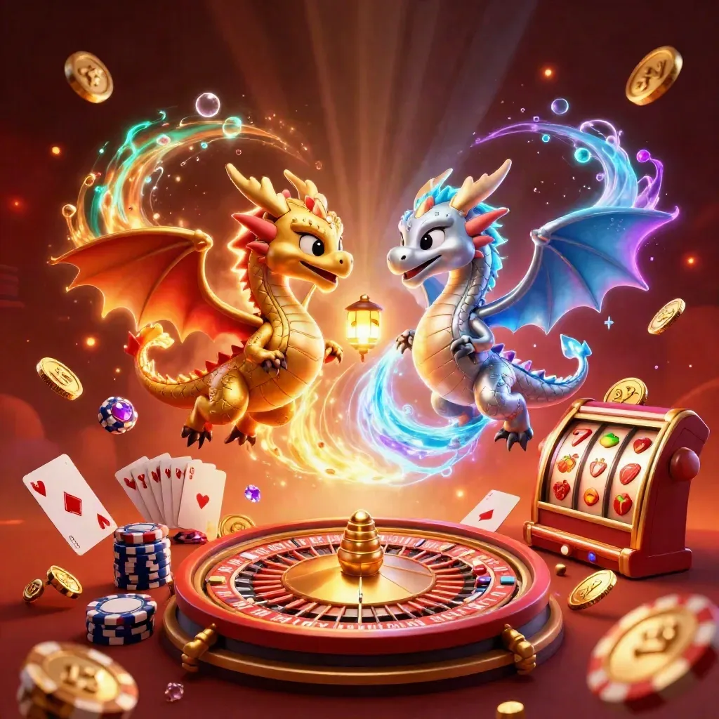 Gold and silver dragons form a yin-yang over casino chips, cards, coins, and a roulette wheel.