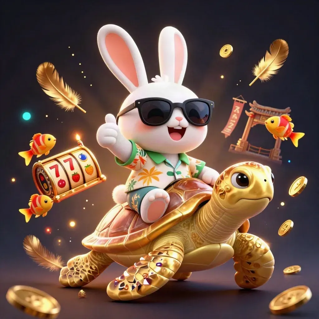 Lucky rabbit rides a gem-turtle amid casino relics, coins, reels, and glowing particles.