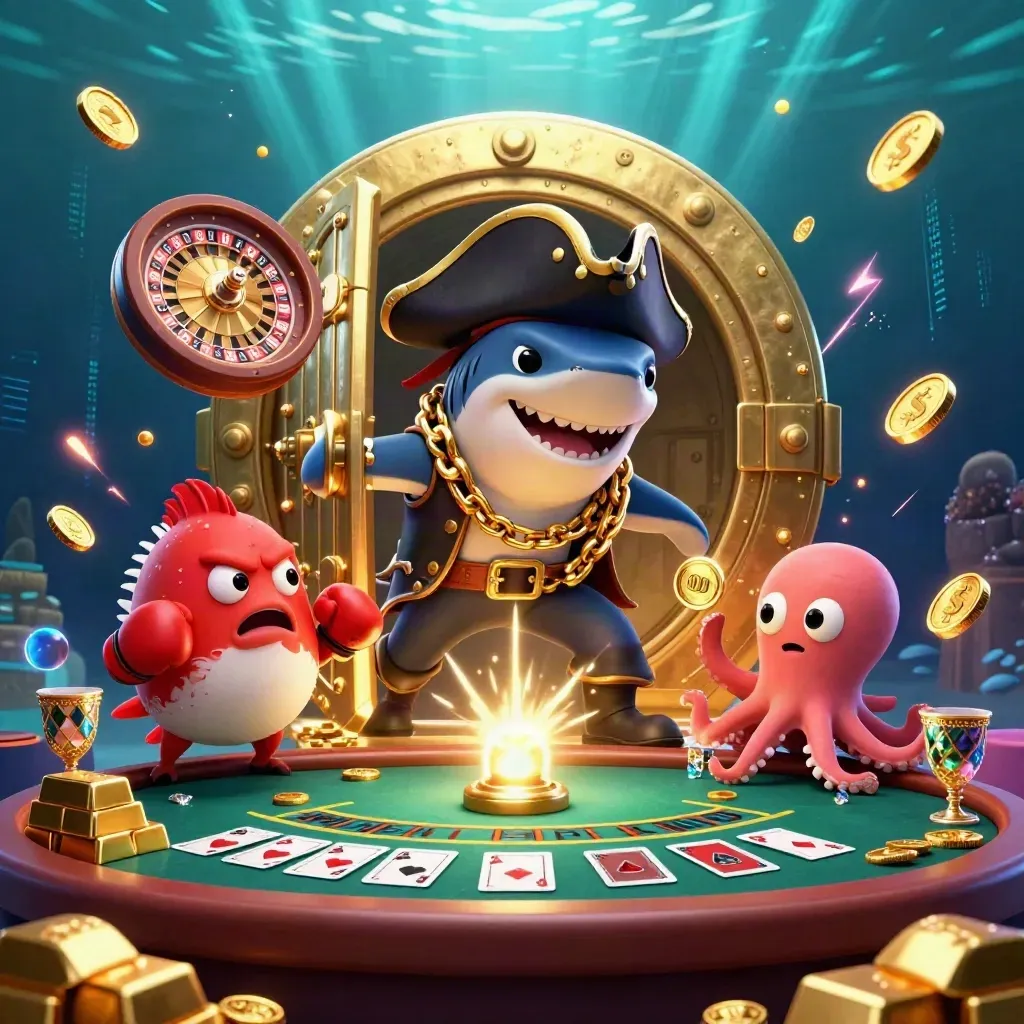 Shark captain, pufferfish boxer, and octopus amid treasure, cards, and a glowing vault.