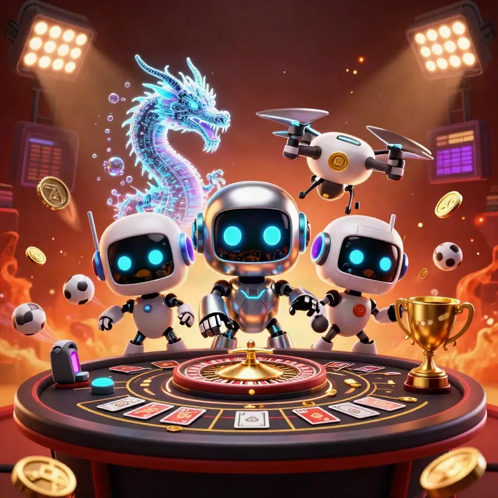 Robot mascot, holographic dragon, and coin drone amid casino and sports symbols.