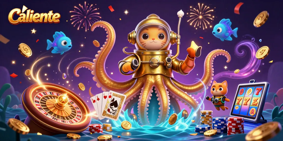 Experience Caliente's captivating gambling energy with a kraken and diving cat amidst dazzling casino elements.