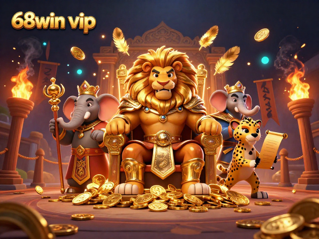 Winning big at 68win vip with a fierce lion king amidst gold coins in a luxurious gaming world.