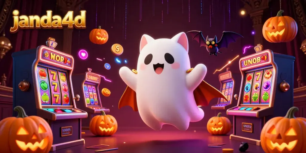 Permainan janda4d yang penuh warna dengan karakter kasino lucu yang mengelilingi slot mesin dan jackpot.